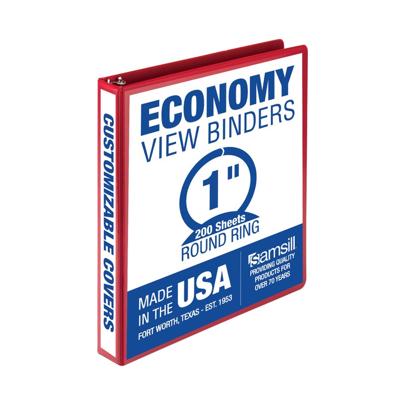 Samsill 1 Inch 3 Ring Binder, Made in USA, Economy Round Ring, Clear View Cover, 200 Sheet Capacity - for School, Home, Office - Red - Image 1